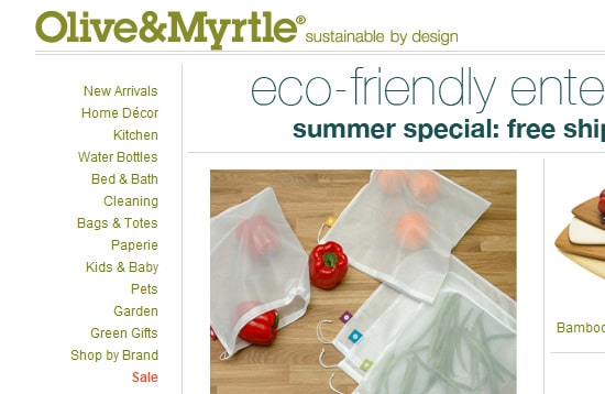 Olive & Myrtle  specializing in eco-friendly goods placed a vertical menu on the left side of their site